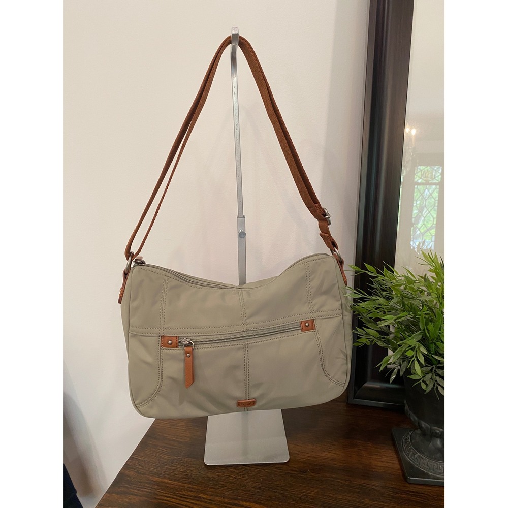 The Sak Sage Green Nylon Crossbody Bag Brown Trim Adjustable Strap Medium Hobo